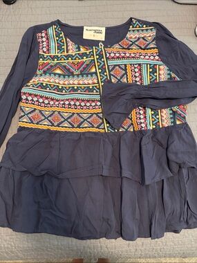 Savanna Jane Navy Peplum Blouse with Colorful Embroidery
